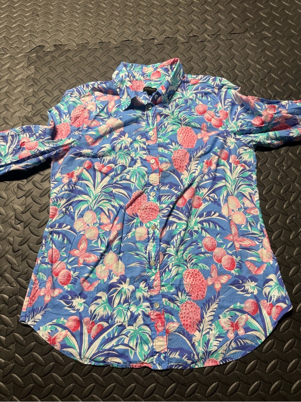 Talbots Women’s Large Tropical Floral Button Down Shirt Blue Pink Long Sleeve - Picture 8 of 10